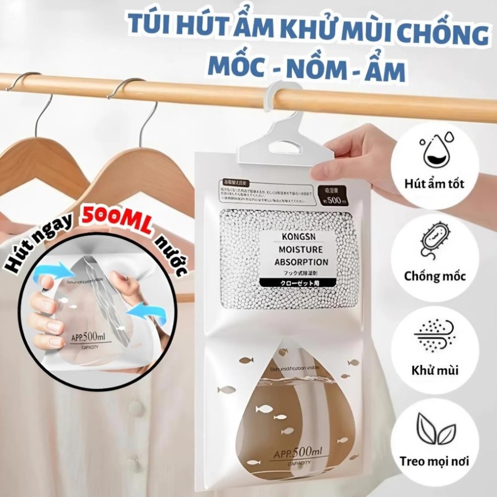 Combo 3 Túi Hút Ẩm Treo 2 Ngăn 500ml – Khử Mùi, Ngăn Mốc, Giữ Tủ Quần Áo & Không Gian Khô Thoáng