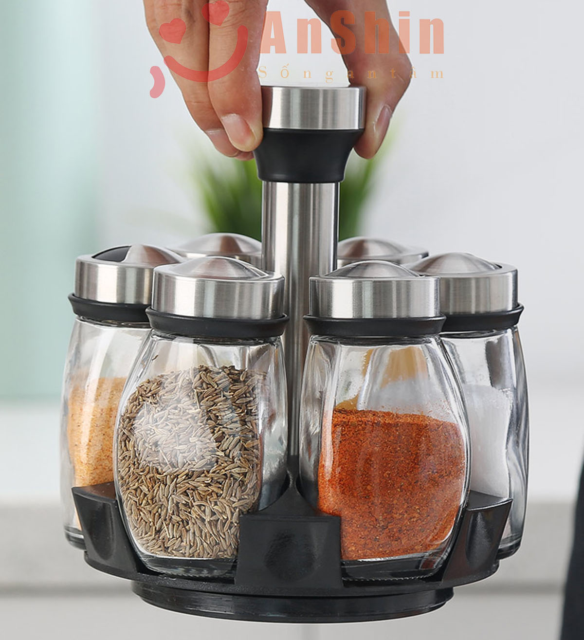 Bộ 6 hũ thủy tinh đựng gia vị có giá đựng trục xoay 360 cao cấp - lọ đựng gia vị thủy tinh