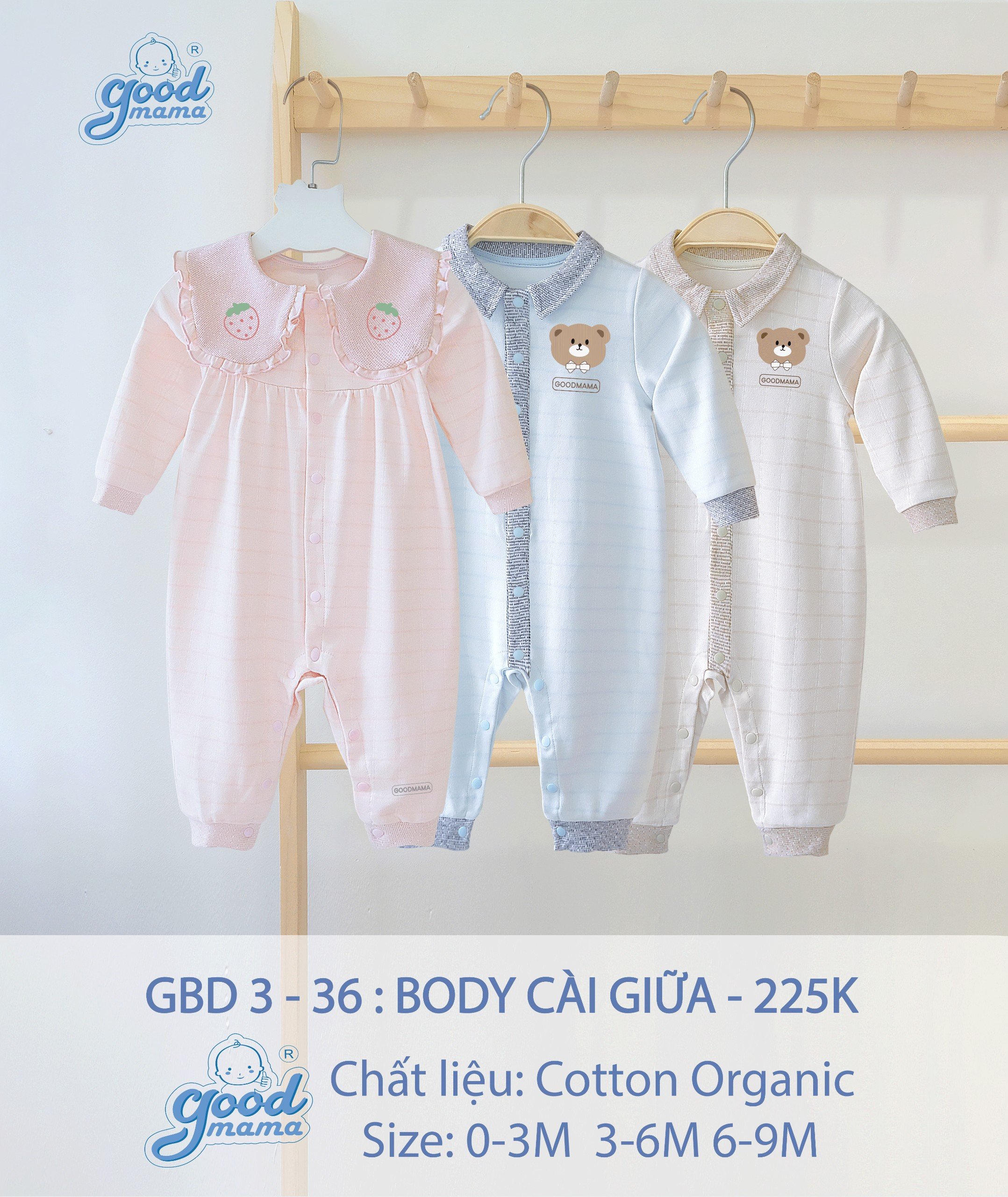 Bộ Body dài tay cài giữa trẻ em có cổ cotton organic GBD 3-36 Good Mama