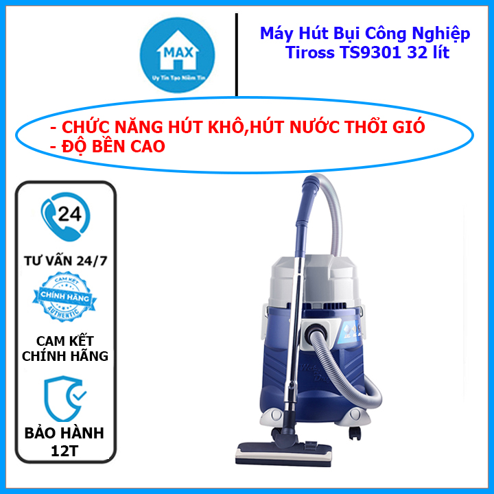 [Freeship Max]_ Máy Hút Bụi Công Nghiệp Tiross TS9301 32 Lít, Có Thiết Kế Tinh Tế, Tiện Dụng, Bánh Xe Dễ Dàng Di Chuyển, Nhiều Đầu Hút Đi Kèm Tiện Dụng, Máy Hút Bụi , Máy Dọn Nhà Chất Lượng Cao - Bảo Hành 12 Tháng - MAxsrore