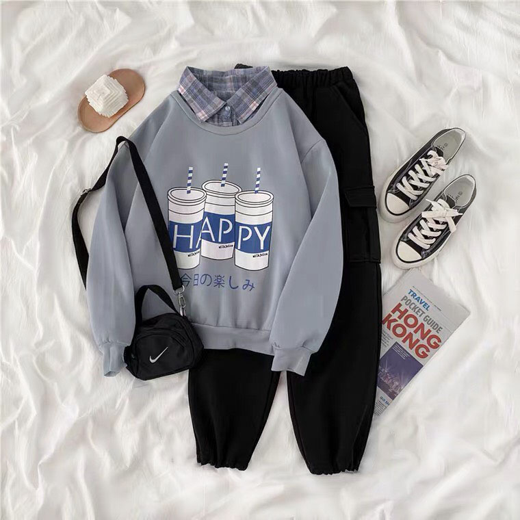 Sét bộ áo nỉ Hộp sữa + quần bom đen, Áo hoodie From rộng, tay phồng, Chất nỉ mềm, không xù, ấm áp,Sét bộ mặc cho nam và nữ - LEEDA