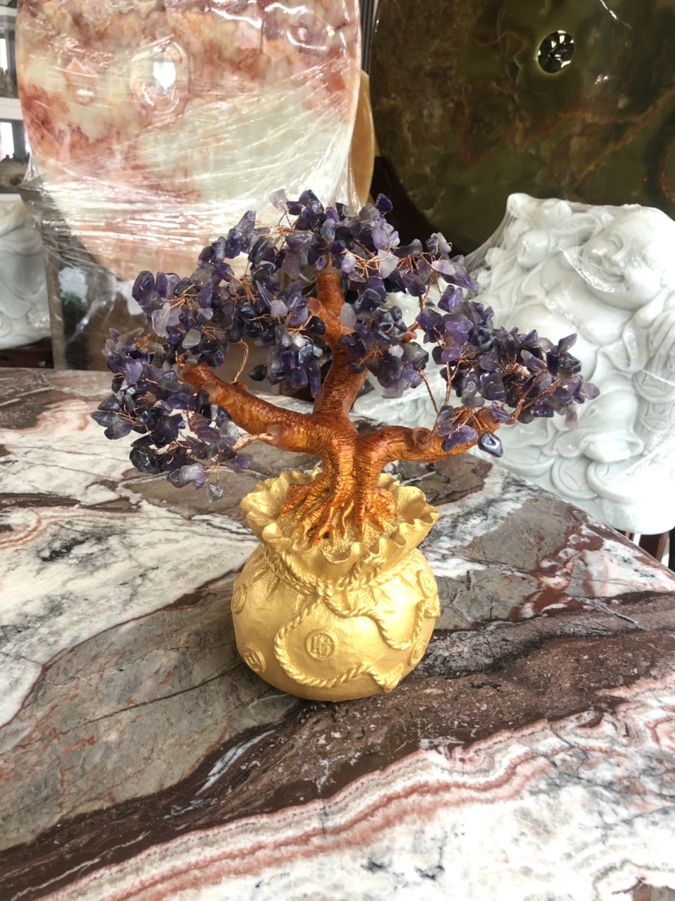 Cây túi tiền tài lộc phong thủy đá thạch anh - Cao 20 cm