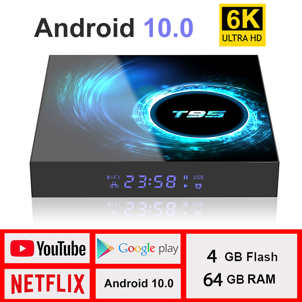 Android tivi box 4BG ram 32GB rom độ phân giải 6K rõ nét phiên bản android 10.0 có hỗ trợ điều khiển bằng giọng nói T95