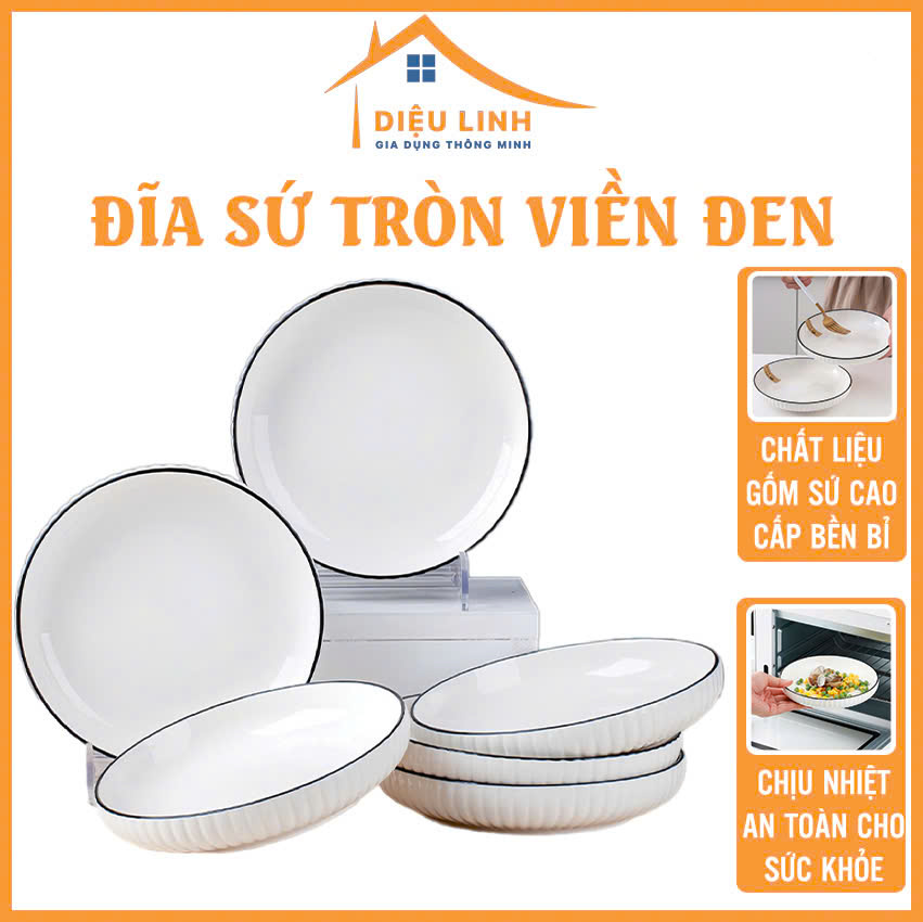  Đĩa Sứ Tròn Tắng Viền Đen Sứ Cao Cấp Dày Dặn Chịu Nhiệt Tốt Đường Kính 18cm 20cm Đĩa Sứ Cao Cấp Họa Tiết Sang Trọng Trang Trí Bàn Ăn Phong Cách Bắc Âu Tramanhshop 