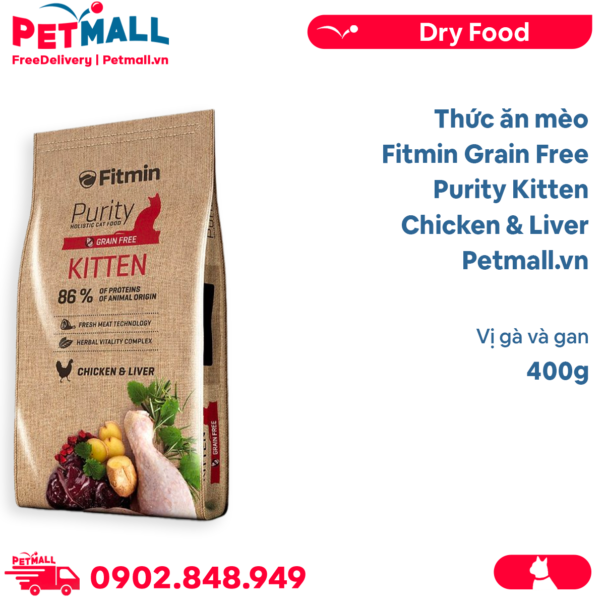 Thức ăn mèo Fitmin Grain Free Purity Kitten Chicken & Liver 400g