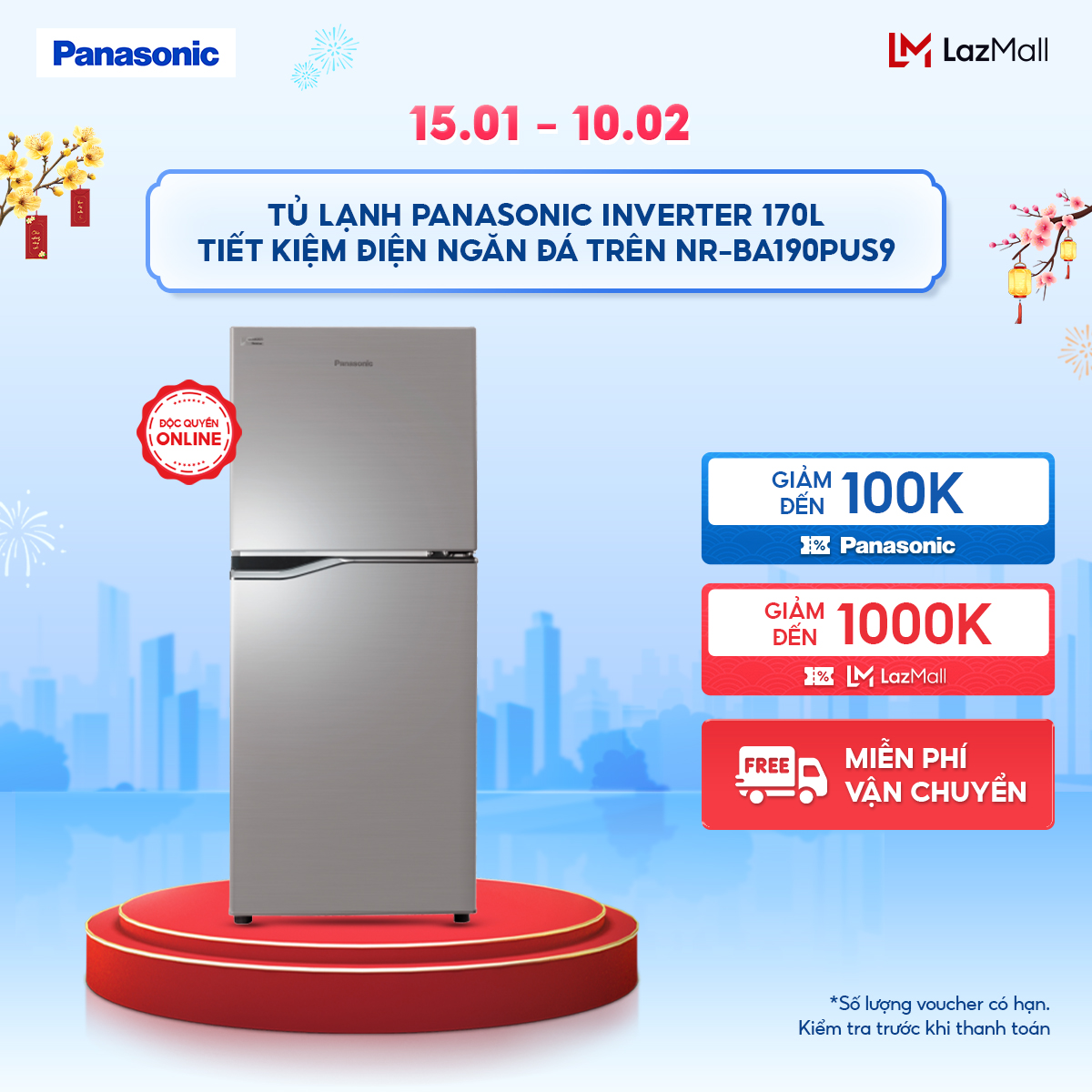  Tủ lạnh Panasonic Inverter 170 lít Tiết kiệm điện Ngăn đá trên NR-BA190PUS9 