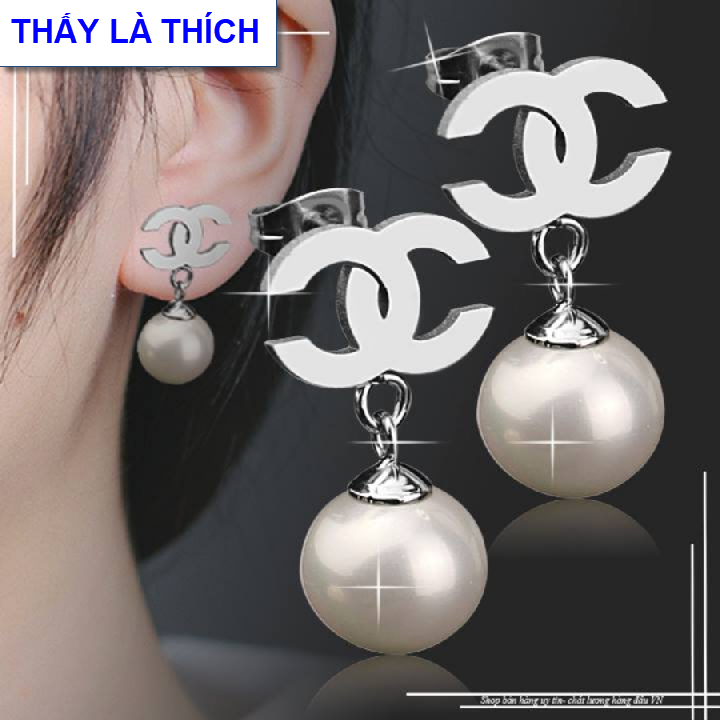 Bông tai nữ inox Thấy Là Thích kiểu chữ C tòn ten ngọc trai - Cam kết 1 đổi 1 nếu hoen , gỉ sét