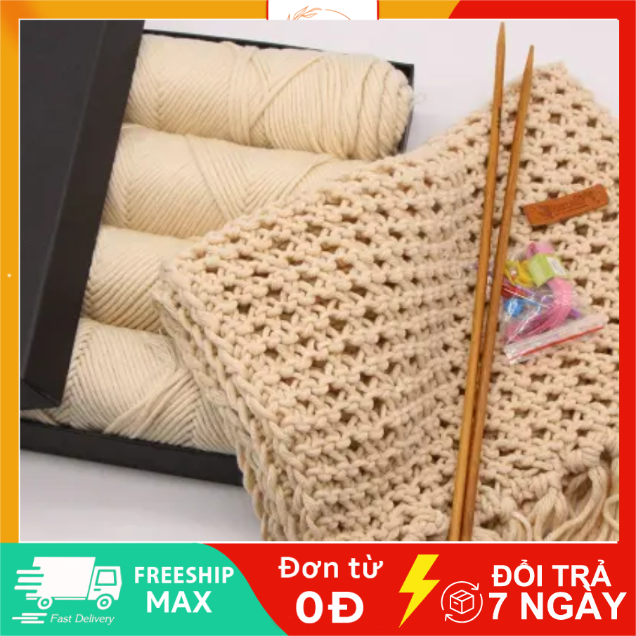 Gói nguyên liệu đan khăn len quàng cổ len sợi cotton milk - Có video hướng dẫn