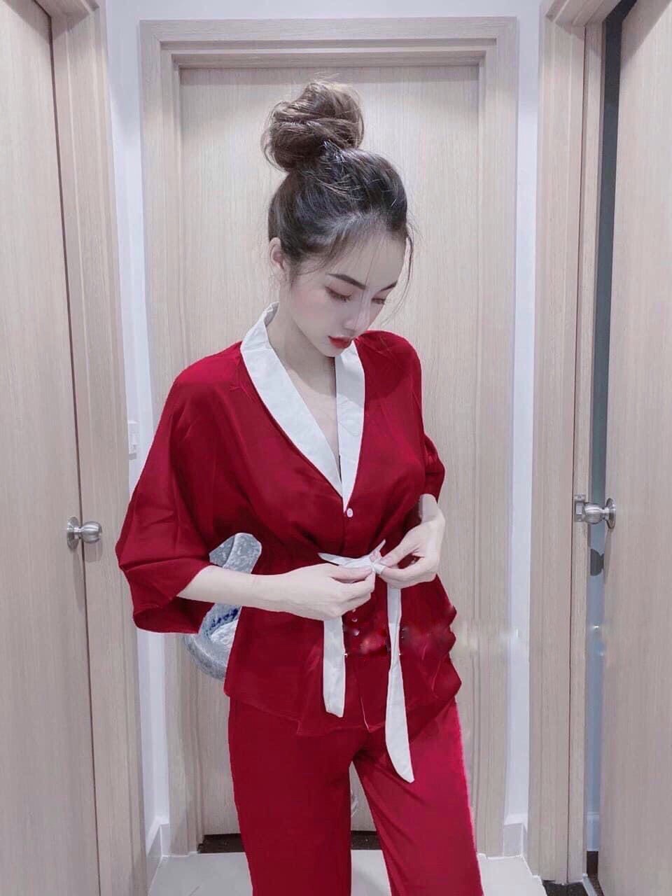 Set bộ đồ ngủ có dây thắt eo phi lụa bóng mềm mại thoải mái thoáng mát qc