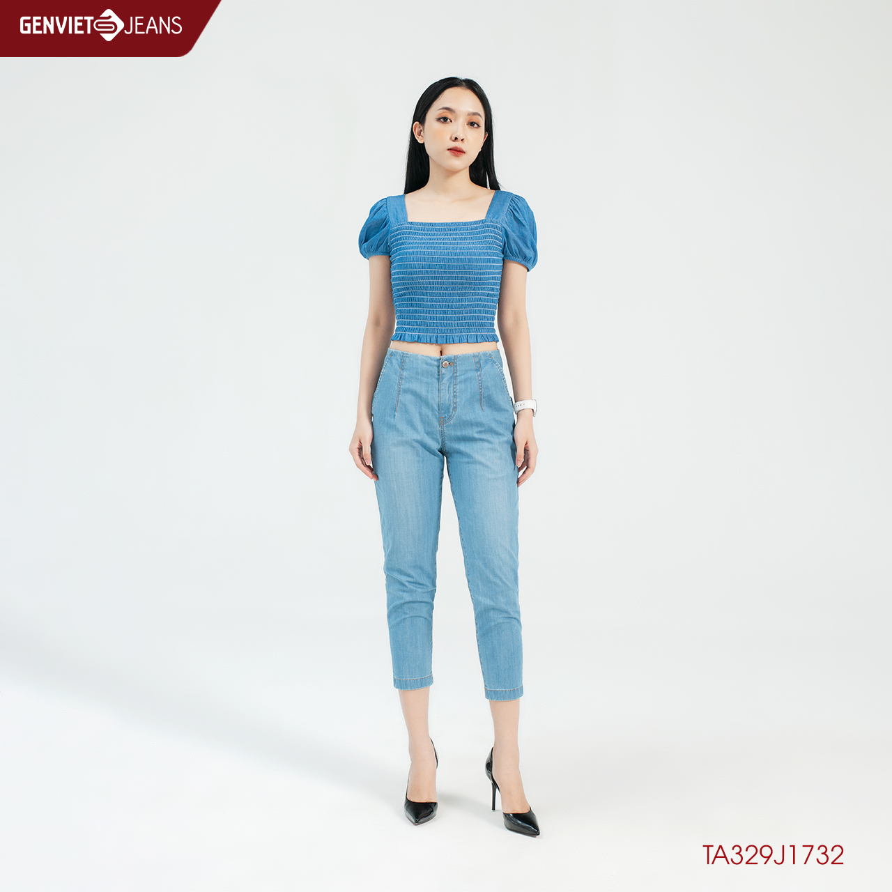 Áo sơmi jeans cộc tay cổ vuông nhún tay bèo ta329j1732 genviet