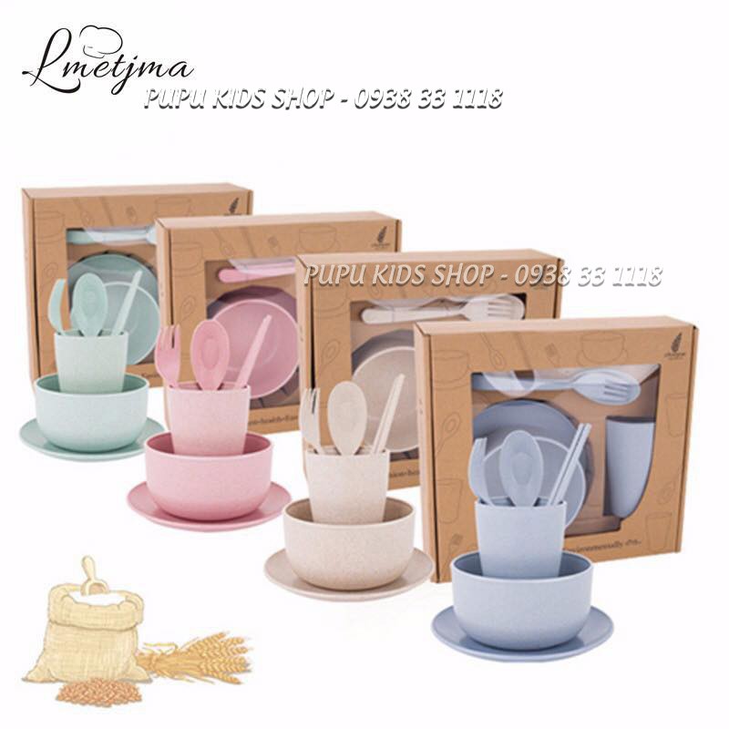 Set ăn dặm lúa mạch gồm đĩa bát cốc thìa nĩa đũa cho bé