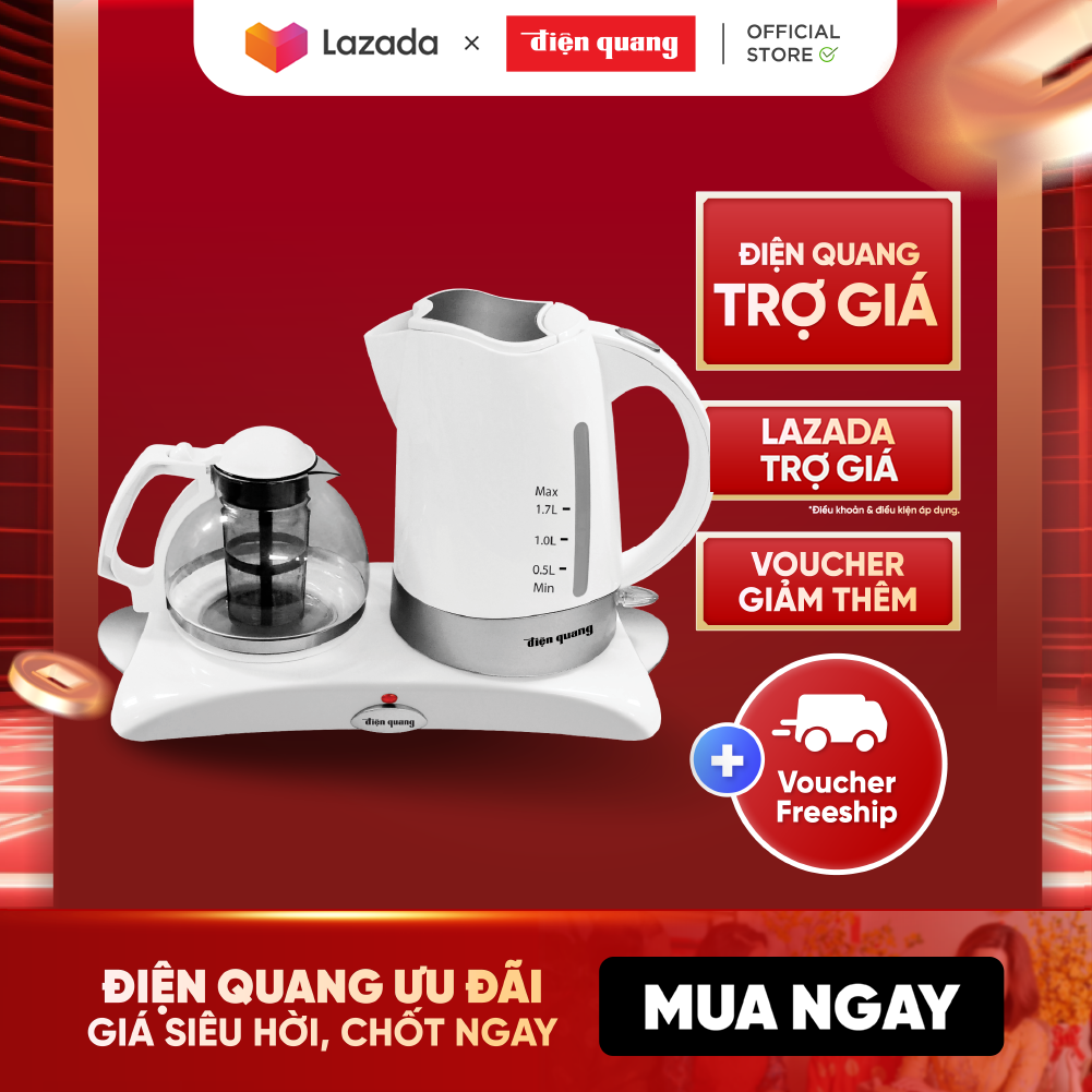 Bộ ấm đun nước siêu tốc Điện Quang ĐQ EKT05 1817 (1800W,1.7L thân nhựa, thủy tinh, có bàn hâm nóng)