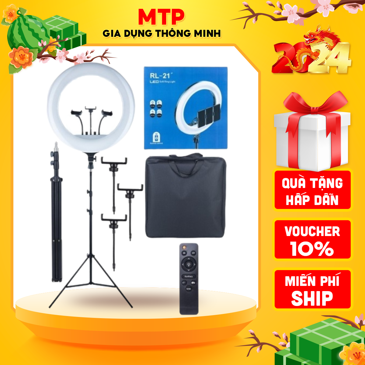 Đèn Live Stream bán hàng 36/45/54cm nguồn 220v 3 kẹp điện thoại, 3 tông màu, remote từ xa, Đèn livestream bán hàng đa năng