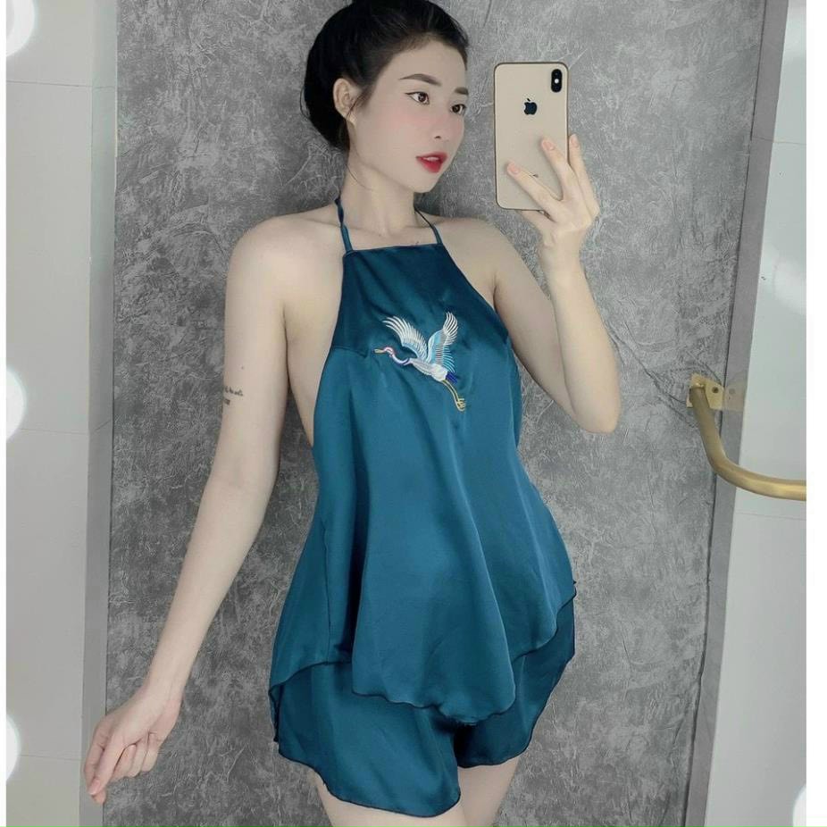 Set yếm thêu hạc chất lụa satin cực đẹp