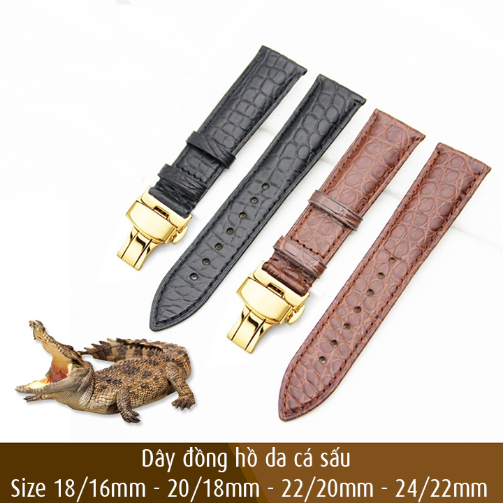 Dây đồng hồ nam size 18mm 20mm 22mm 24mm da cá sấu mềm, vân tự nhiên đẹp D1814