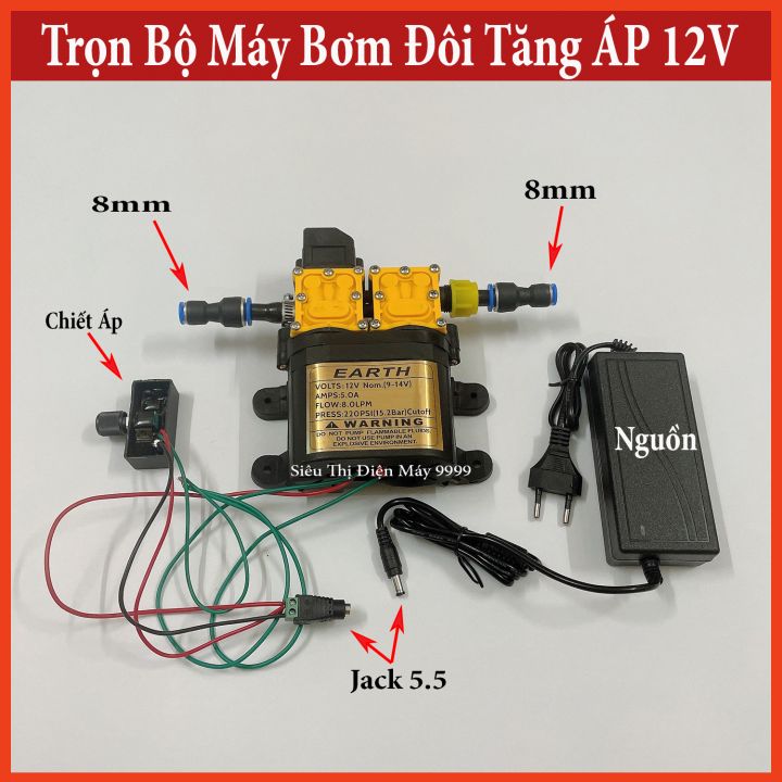 Máy bơm nước đôi mini 12v áp lực cao tự ngắt - máy bơm đôi tăng áp EARTH 12V chính hãng
