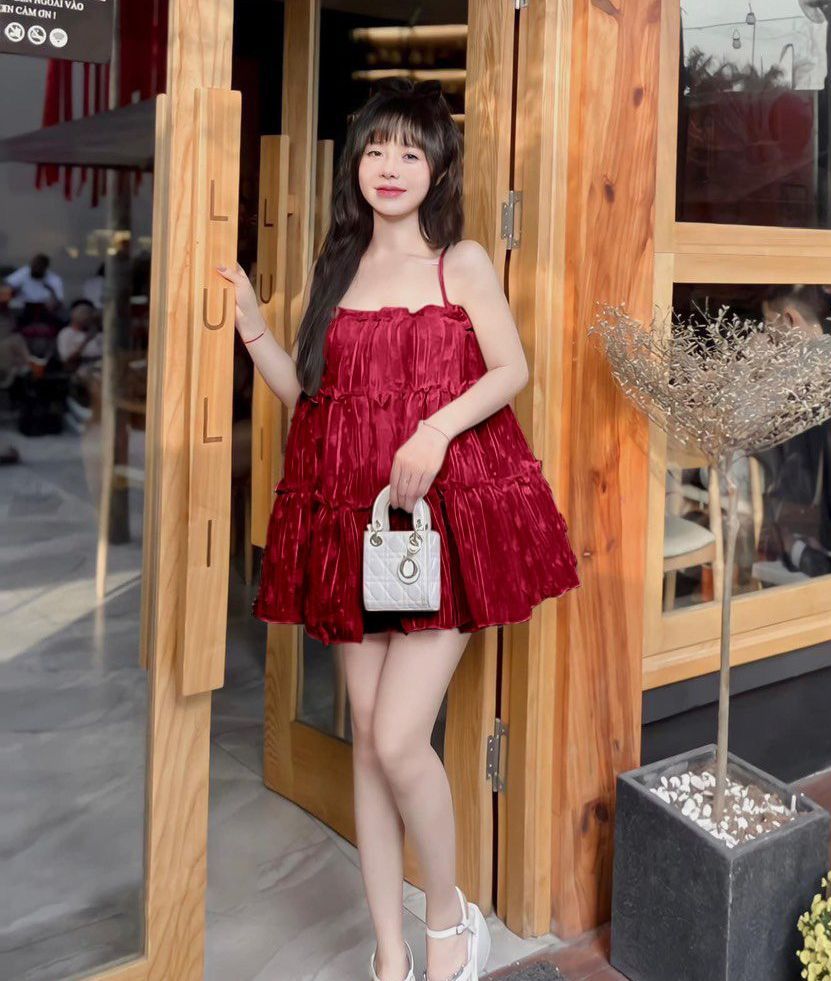 Đầm babidol 2 dây 3 tầng vải voan mềm đẹp y hình.