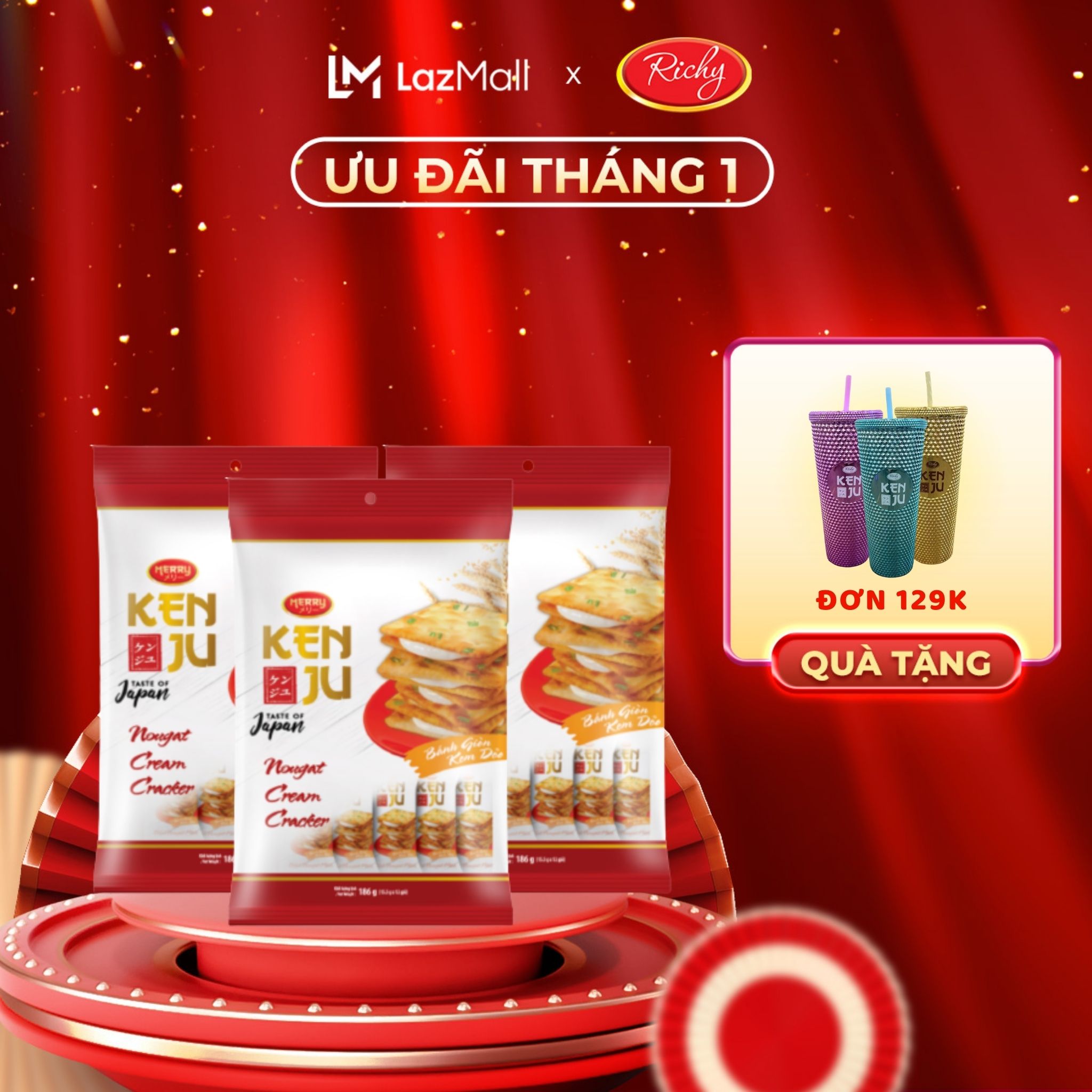 [TẶNG LY KENJU] Combo 3 Bịch Bánh Kenju quy hành kem dẻo túi 186g - Bánh kẹo Richy