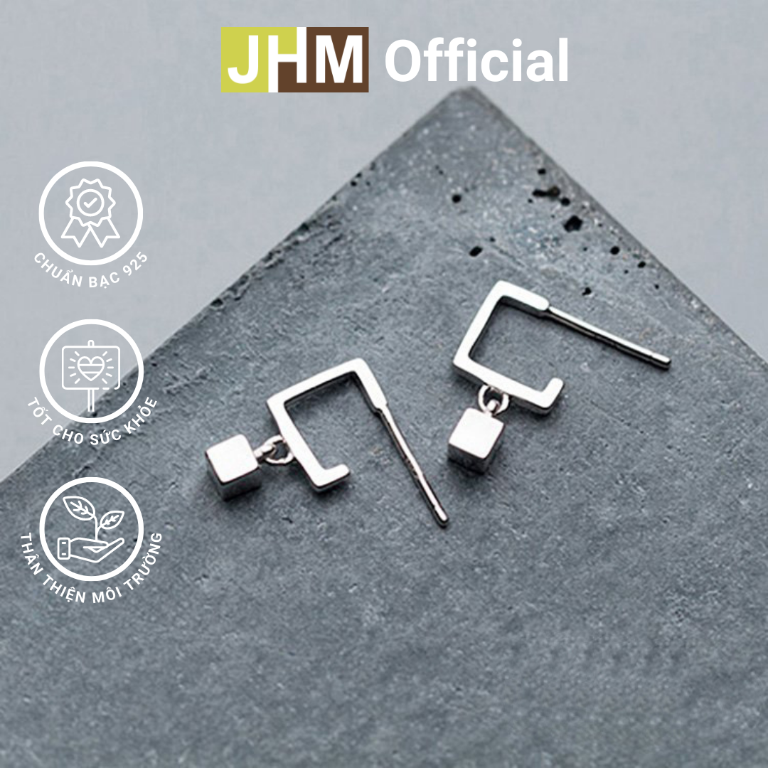 Bông tai bạc cao cấp 925 | Bông tai bạc JHM | Bông tai bạc khối vuông treo, khuyên tai bạc xinh, khuyên tai bạc cá tính