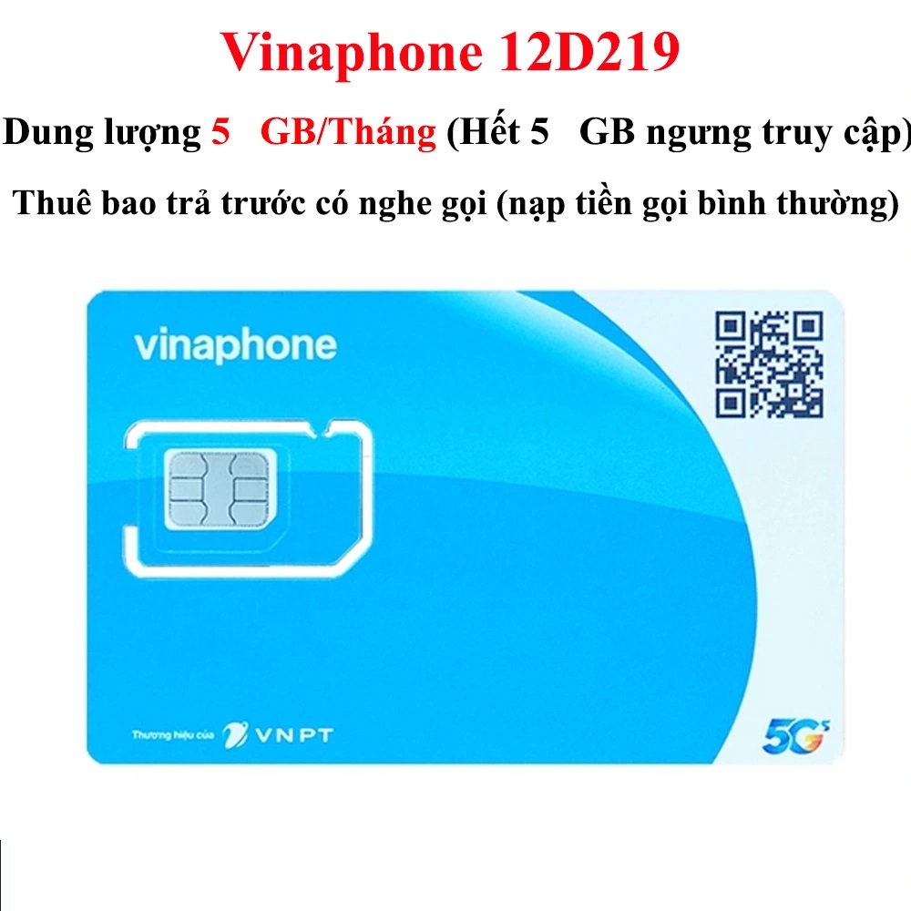 FREESHIP - CHƯA KÍCH HOẠT. Sim 4G Vinaphone D219 trọn gói 01 năm, 5Gb tháng, hết 5Gb ngừng truy câp. Sim nạp tiền gọi. Bảo hành 12 tháng.