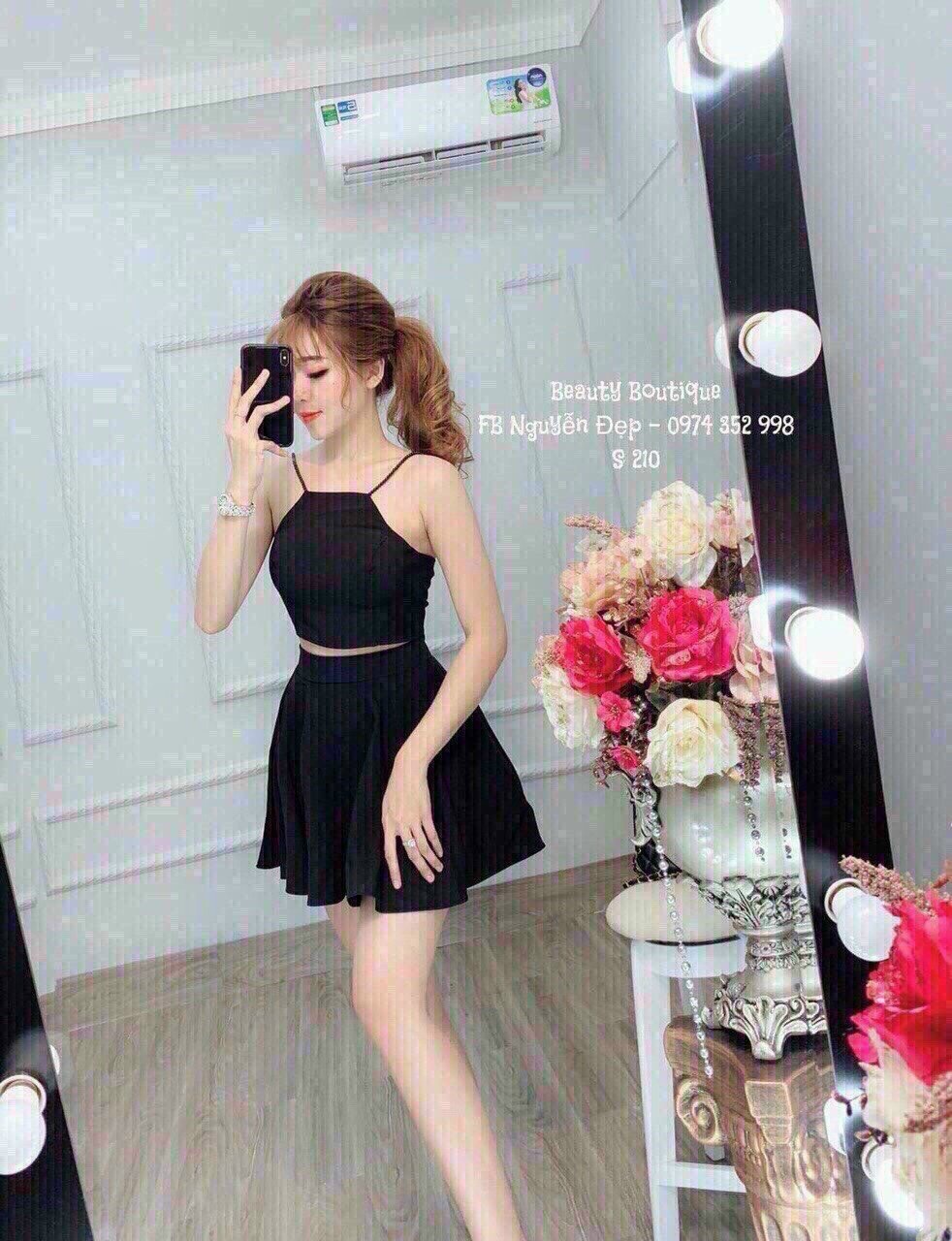 Set Áo Cổ Yếm Buộc Nơ Lưng Và Chân Váy Xòe Có Lót Thời Trang Nữ Hot Teen. QC