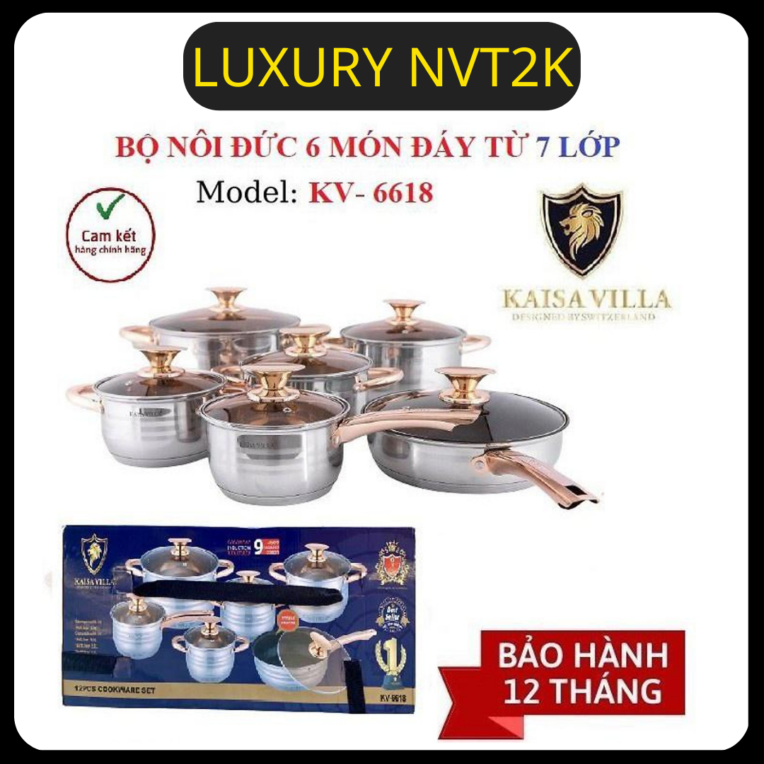 [Hàng chính hãng] Bộ Nồi Inox Kaisa Villa 6 món 12 chi tiết - Bộ Nồi Đức 6 Món Dùng Cho Mọi Loại Bếp,BỘ NỒI KAISA VILLA 6 MÓN 12 S P, CÔNG NGHỆ ĐỨC(GIỐNG ẢNH THẬT 100%),(HÀNG CHÍNH HÃNG)9đáy, chống dính. Tráng men vàng cao cấp