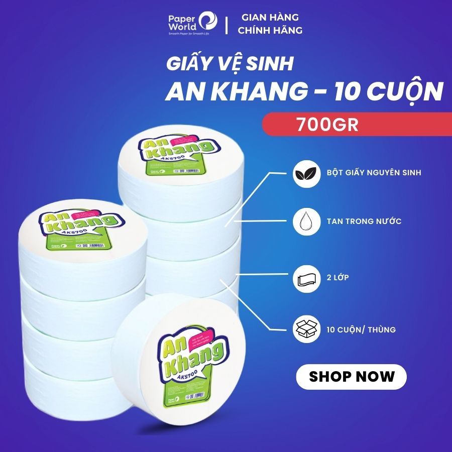 Combo 10 giấy vệ sinh cuộn lớn cao cấp 2 lớp 700g AN KHANG SOFT AKS700 | THẾ GIỚI GIẤY | giấy vệ sinh tan nhanh trong nước giá rẻ