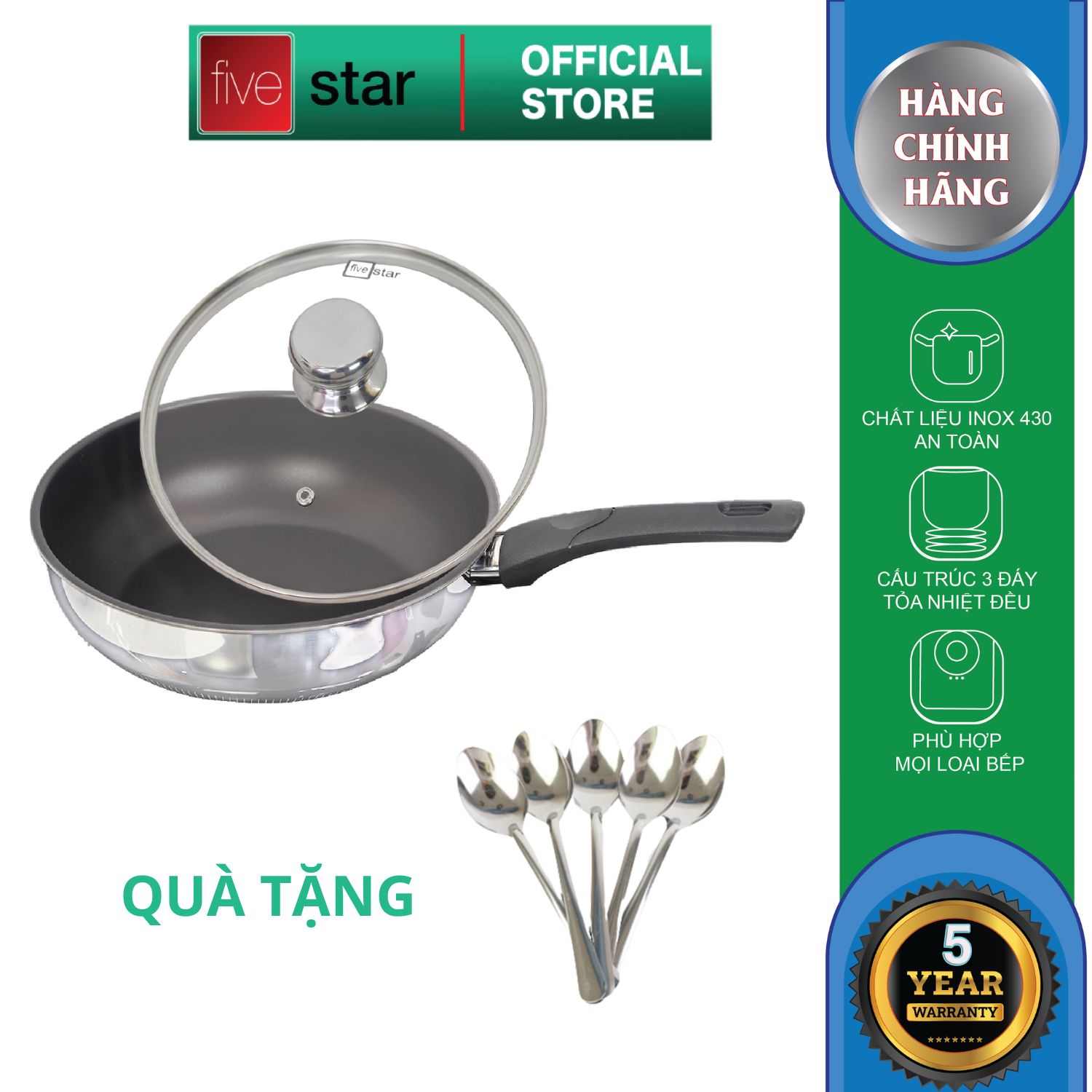 Chảo chống dính sâu lòng 3 đáy từ cao cấp FiveStar và nắp kính 24cm , 26cm , 28cm tay cầm cách nhiệt ( tặng 5 muỗng ăn ) - chảo bếp từ cao cấp