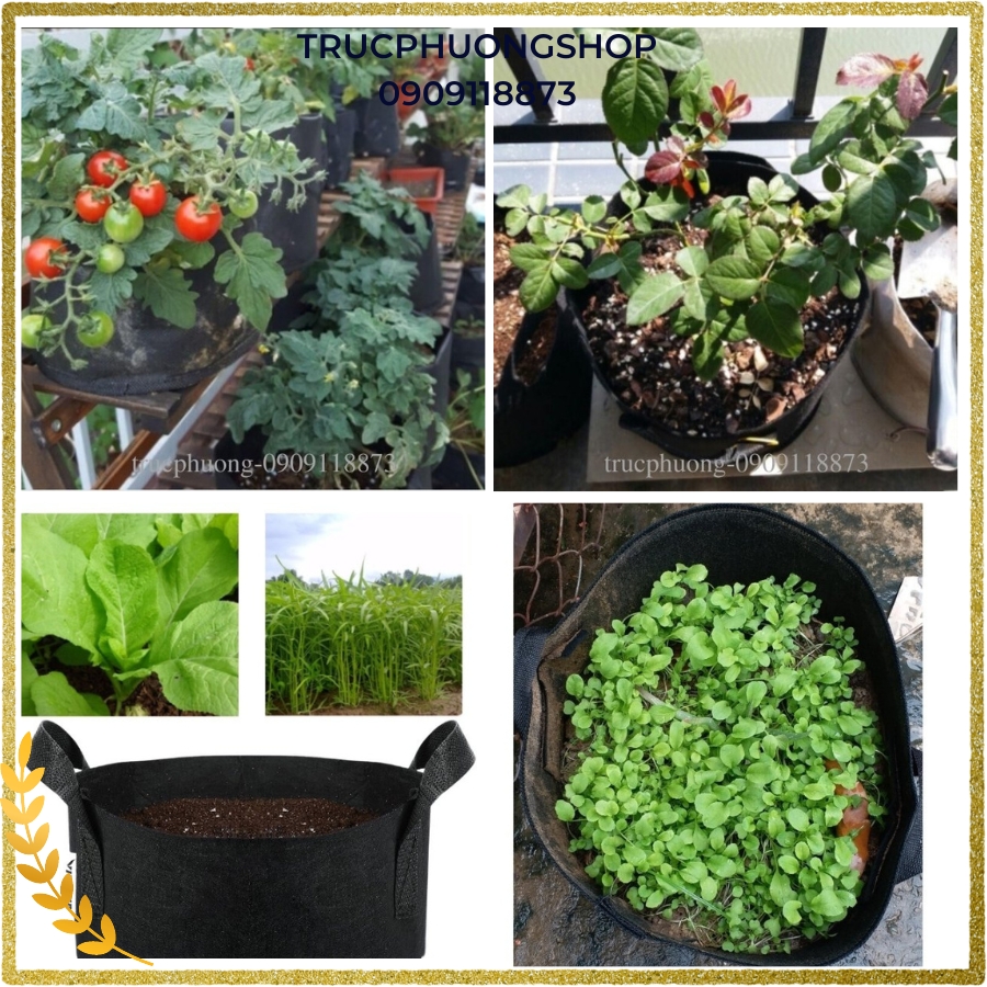 Túi vải trồng cây loại nhiều kích thước - trồng hoa, trồng rau củ quả, chậu vải siêu bền có quai cầm màu đen