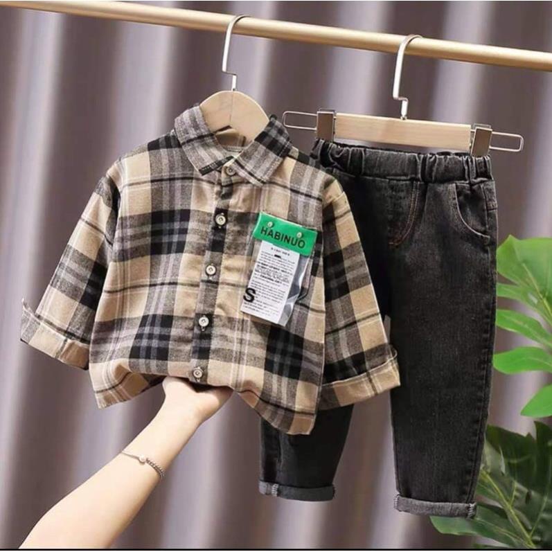 Sét áo sơ mi kèm quần jean cho bé trai phong cách Hàn Quốc BAOQUANKIDS