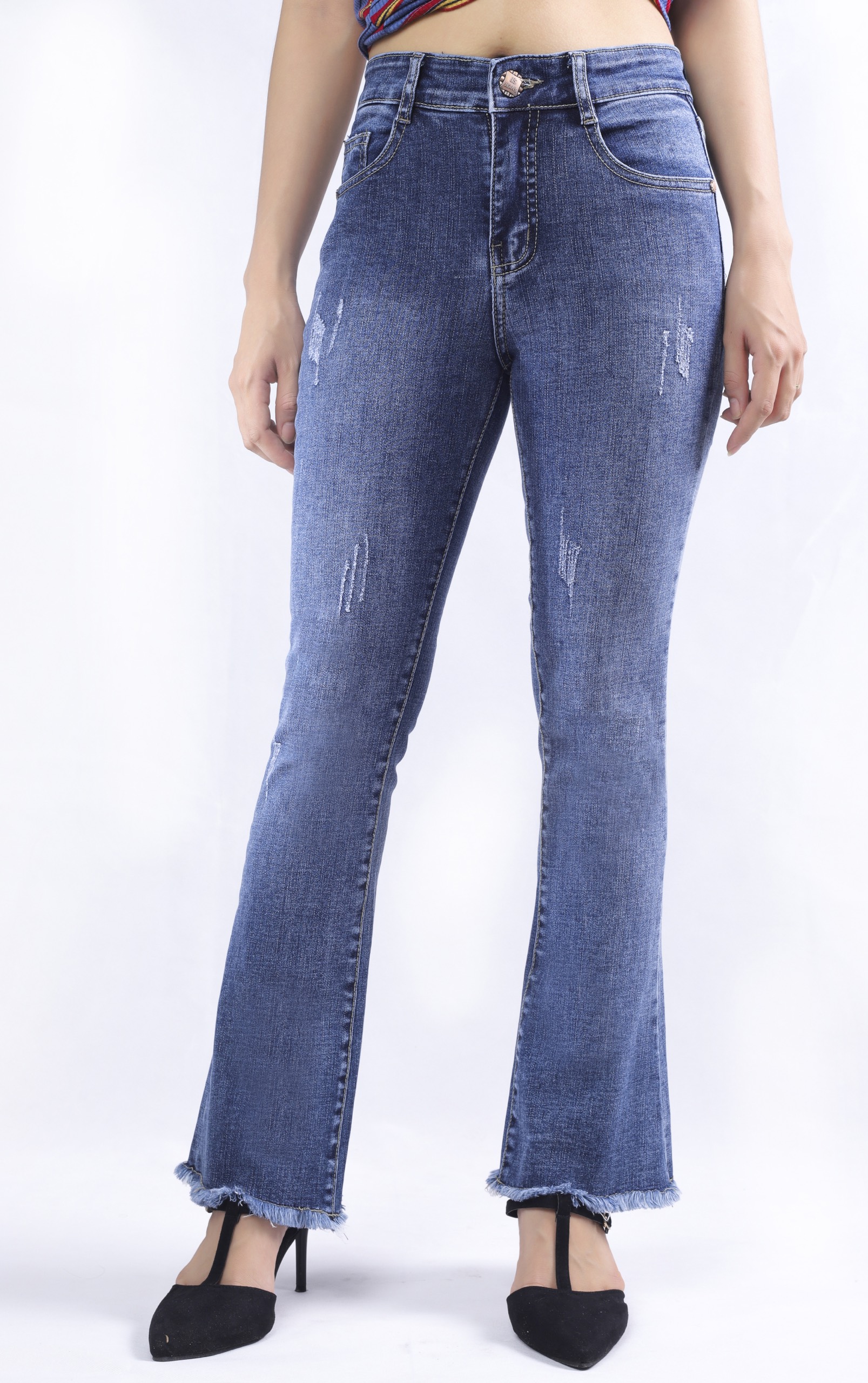 Quần Jean Nữ KHJ Dài Ống Loe ,Tua Lai , Xanh Jean