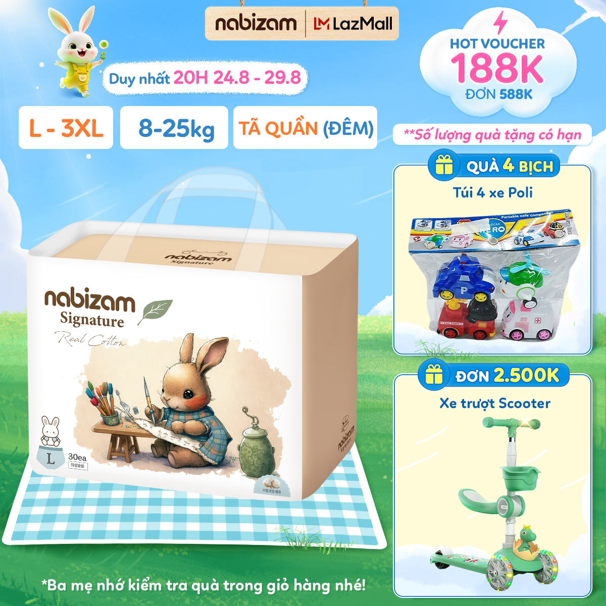 Combo 4 tã/bỉm quần đêm nabizam signature nội địa hàn, mềm mại, siêu thấm hút size l30/xl26/2xl22/3xl20 cho bé 8-22kg