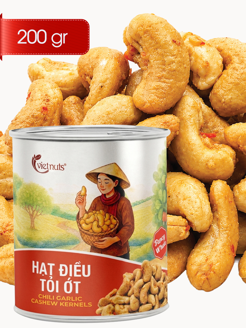 Vietnuts - Hạt điều tói ớt hộp 200g thơm ngon giòn rụm | Chili Garlic Cashew Kernels