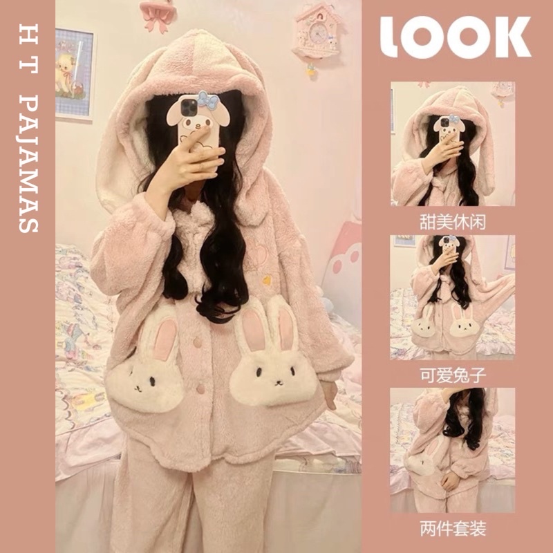 Bộ ngủ thỏ bông cánh dơi màu hồng baby mũ thỏ tai dài ấm áp dễ thương