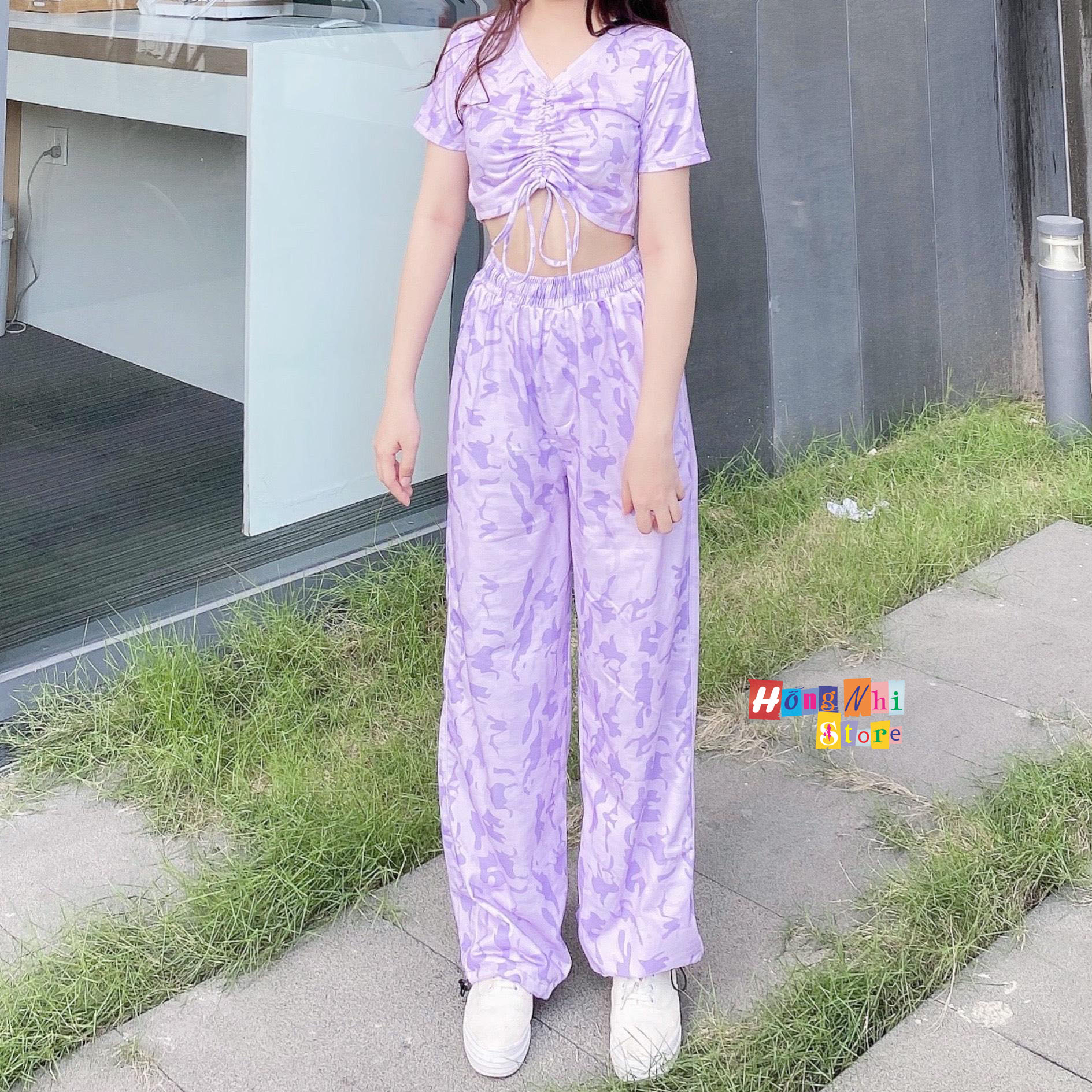 Set bộ áo croptop rút dây họa tiết 3d kèm quần long pant dài dây rút cực xinh - mm