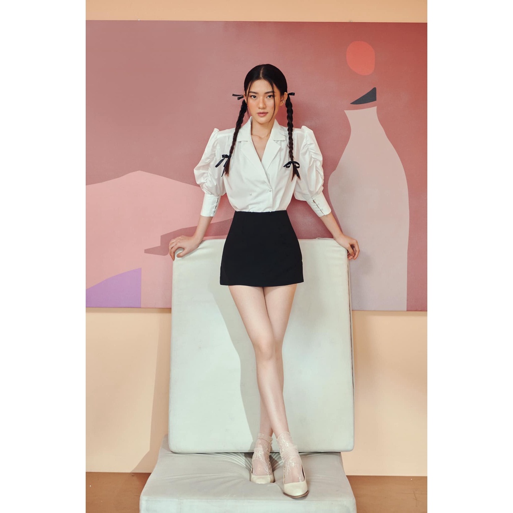 CIGNO-Áo sơ mi trắng cổ danton đắp công sở