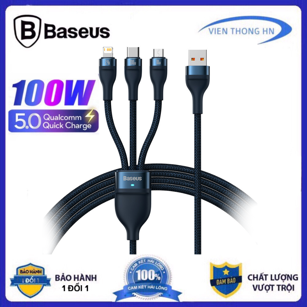 Dây sạc nhanh 3 đầu 100W 6A Baseus - Cáp sạc bọc dù 3 trong 1 ip type c micro dùng cho iphone samsung oppo ... vienthonghn
