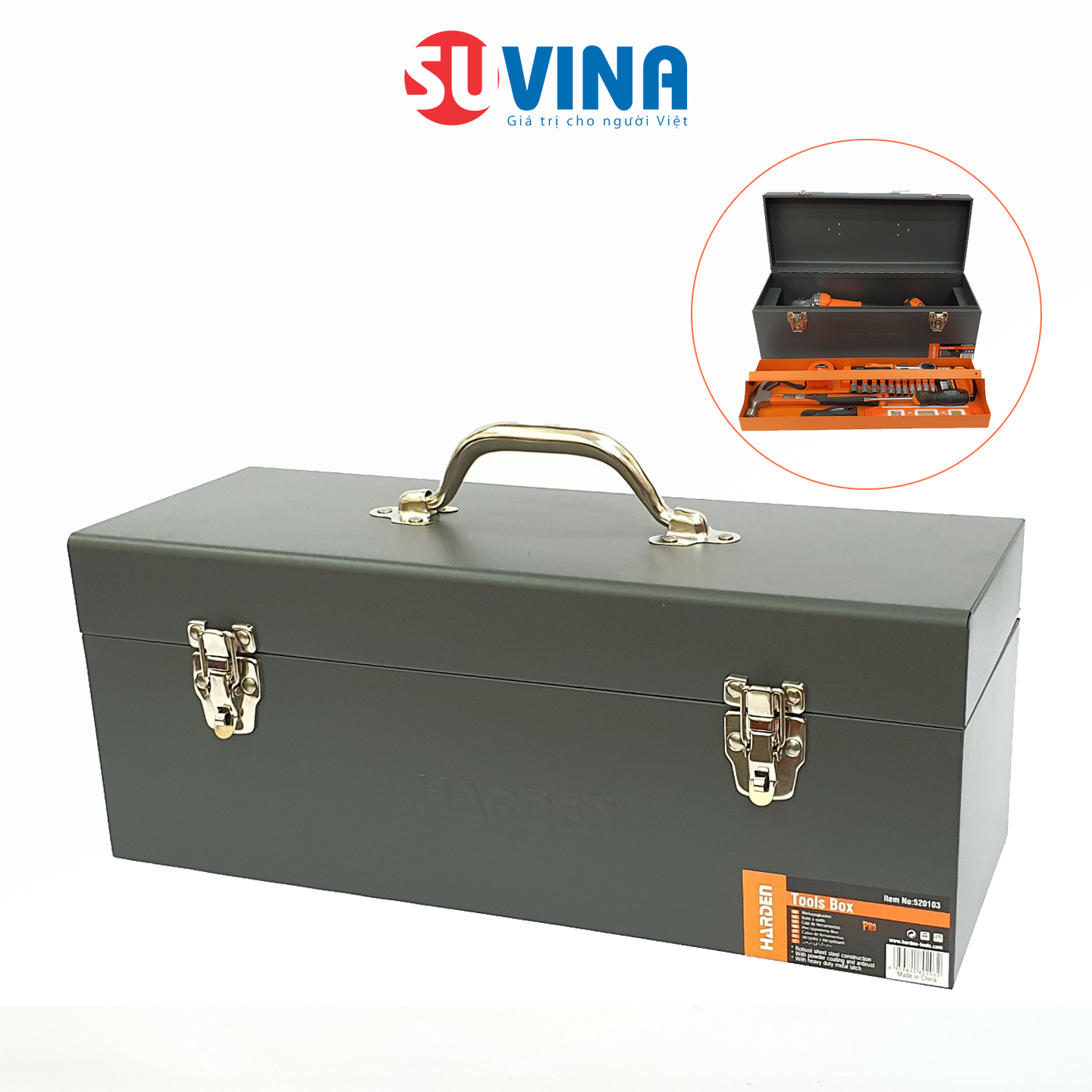 Hộp đựng dụng cụ, hộp đựng đồ nghề đa năng cỡ lớn thép cao cấp harden 520103 - có khóa bảo vệ, sơn tĩnh điện sáng bóng, nhãn mịn, hạn chế trầy xước, không rỉ sét - 48x18x19cm - hàng