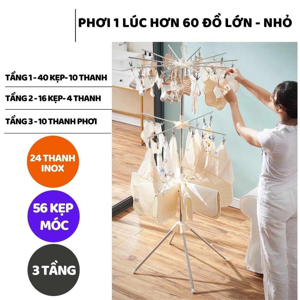 Cây phơi quần áo INOX gấp gọn 3 tầng 56 kẹp móc quần áo cho trẻ sơ sinh