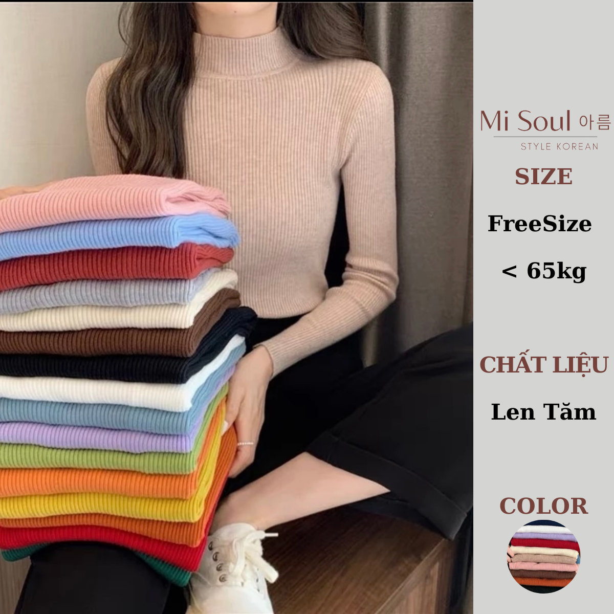 Áo len tăm cổ 3 phân Misoul mềm mịn, co giãn nhiều màu sắc, áo len mỏng Quảng Châu 107