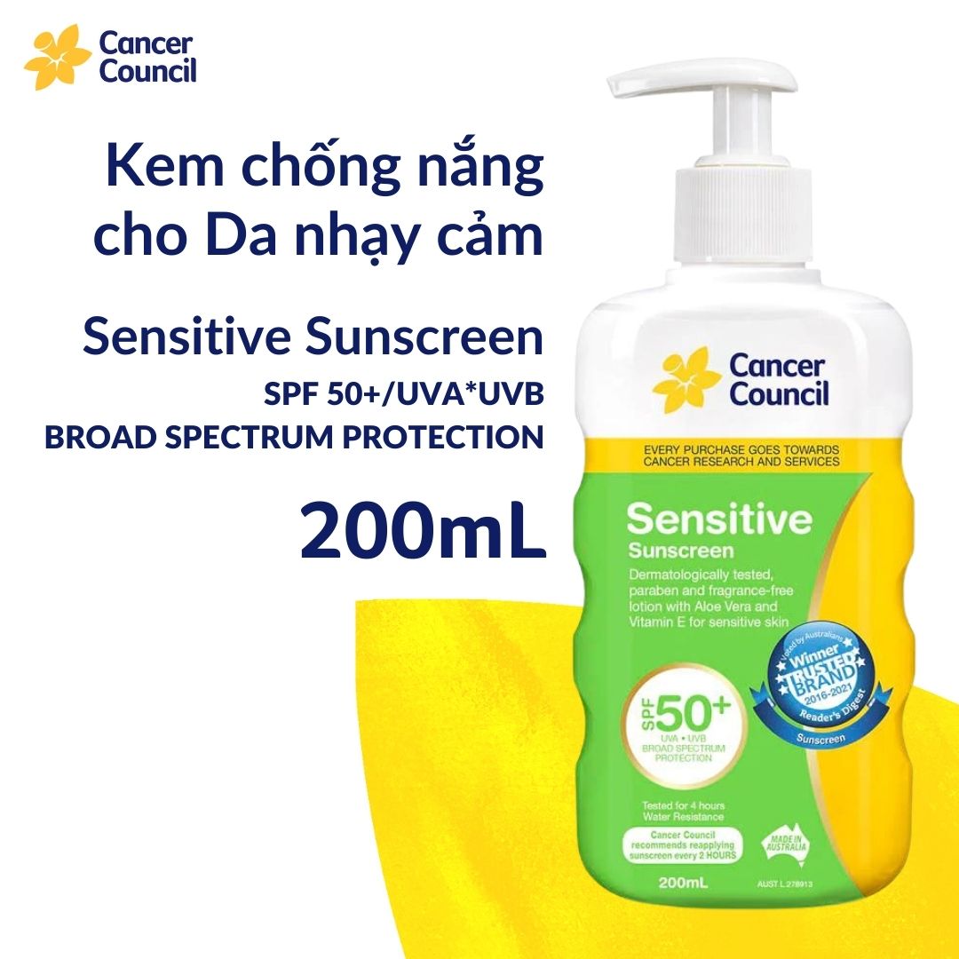 Kem chống nắng cho da nhạy cảm Cancer Council Sensitive SPF 50+ PA+++ 200ml