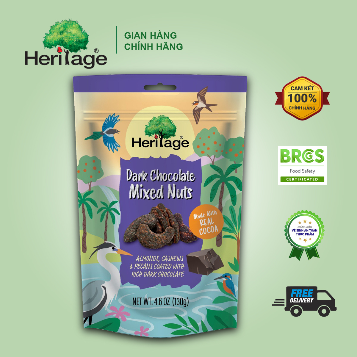 Hạt hỗn hợp khô cao cấp Heritage : Hạnh nhân, hạt điều, hồ đào bọc chocolate đen- Dark chocolate mixed nuts gói 130g