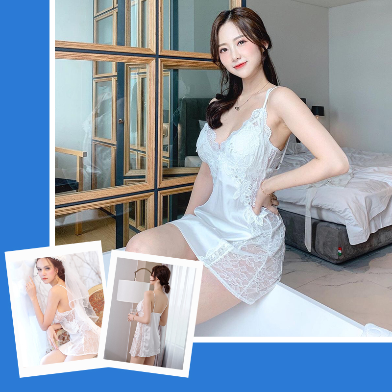 [HCM]Váy ngủ lụa sexy hai dây phối ren hông gợi cảm Màu Trắng
