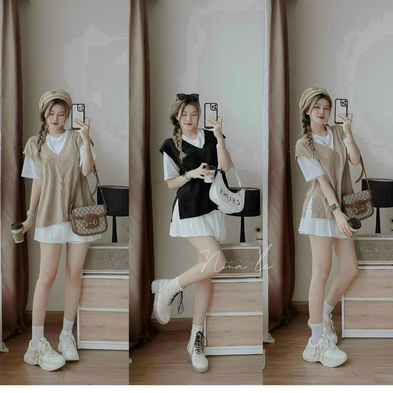 Set áo thun váy xếp ly kèm áo gile thun gân siêu xinh