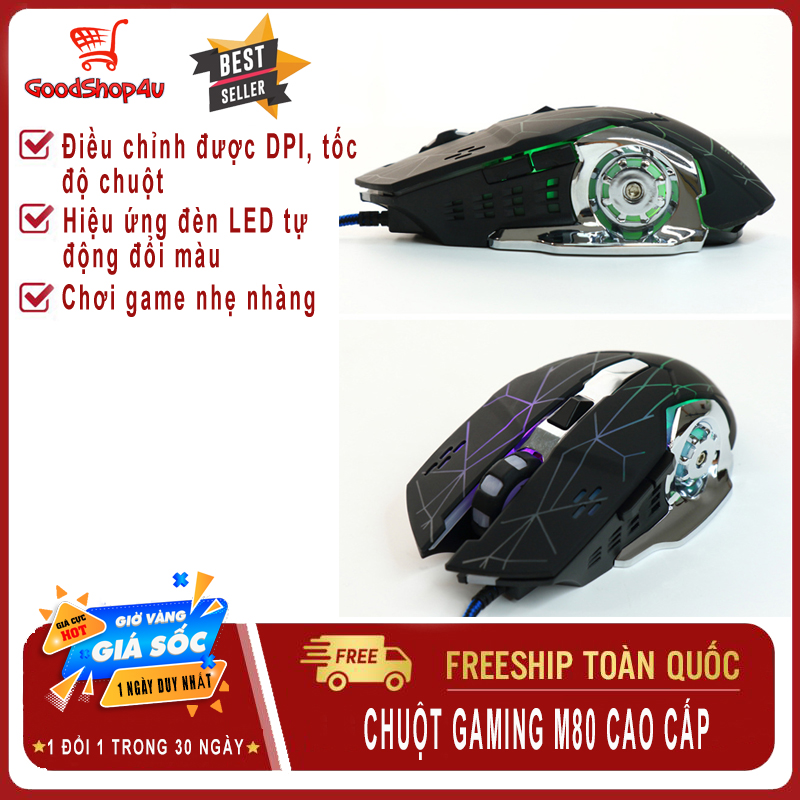 Chuột Gaming có dây M80, hiệu ứng Led đổi màu đặc sắc, DPI 4 mức tùy chỉnh, thiết kế nhỏ gọn, thoải mái khi chơi game-Goodshop4u