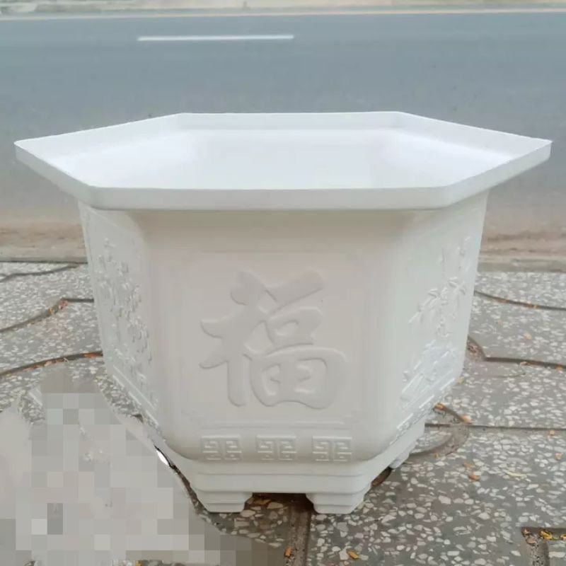 Chậu nhựa lục giác trắng hoạ tiết nổi chân cao dày, bóng, đẹp