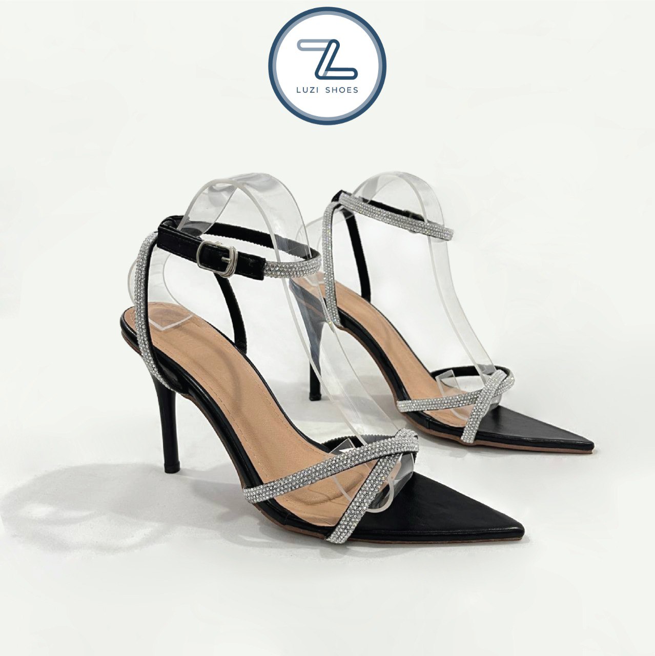 Sandal mũi nhọn 2 quai chéo, giày cao gót mũi nhọn cao 9p, sandal cao gót 9p mũi nhọn 2 quai chéo M105