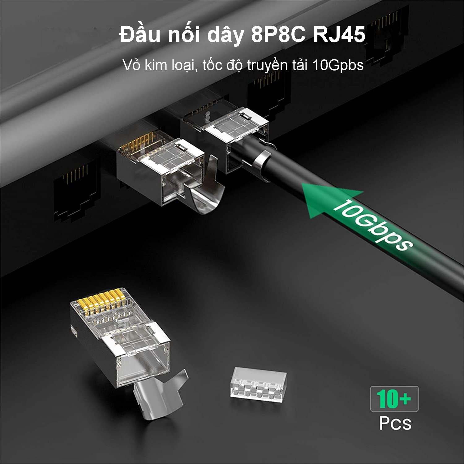 Hạt đầu bấm mạng bọc inox Cat6a Cat7 thiết kế đuôi kẹp cố định vào cáp, tốc độ 10Gbps UGREEN 70316 Hạt đầu bấm mạng bọc inox Cat6a Cat7 thiết kế đuôi kẹp cố định vào cáp, tốc độ 10Gbps UGREEN 70316