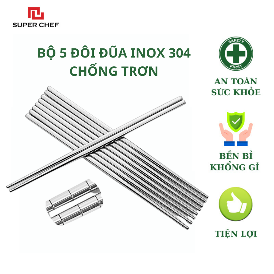 Bộ 5 đôi đũa Super Chef inox 304 chống trơn SC_TB6005