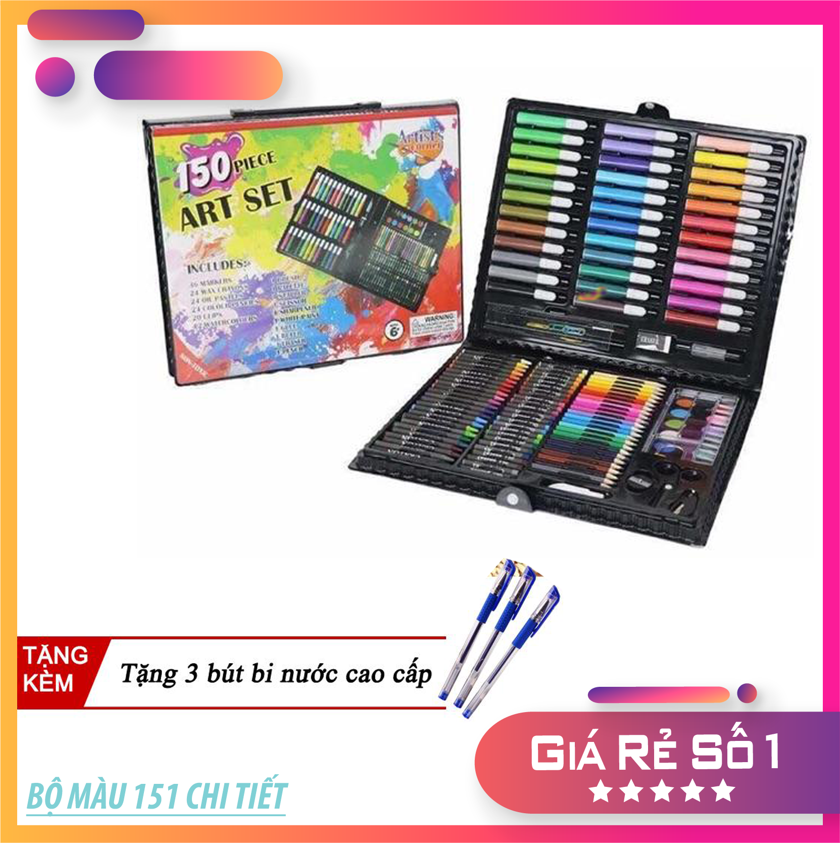 Hộp màu - Bút màu - Hộp màu sáng tạo 151 chi tiết cho bé (Màu ngẫu nhiên) + Tặng 3 bút bi xanh cao cấp